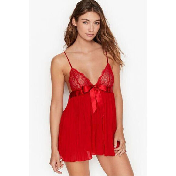 NWT Victoria's Secret XS,L,XL BABYDOLL SET thong RED PLEATED SATIN BOW Valentine - Picture 2 of 8